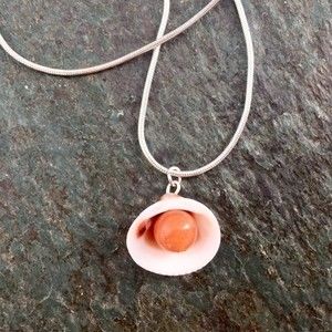 Handmade white shell necklace w brown stone